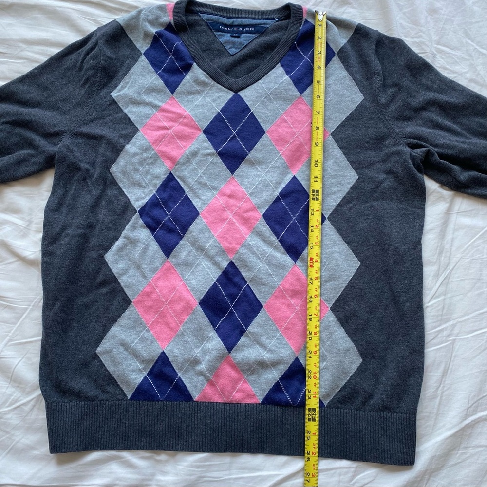 Tommy Hilfiger Charcoal V-Neck Argyle Sweater with Pink & Navy - Picture 9 of 9